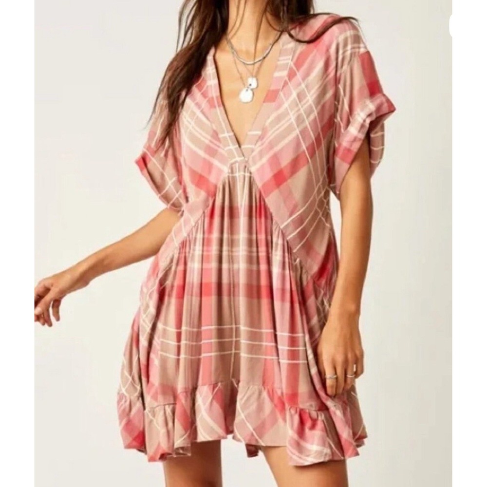 FREE PEOPLE Agnes Mini Dress Small Pink Tan Babydoll Boho Ruffle Summer Peasant